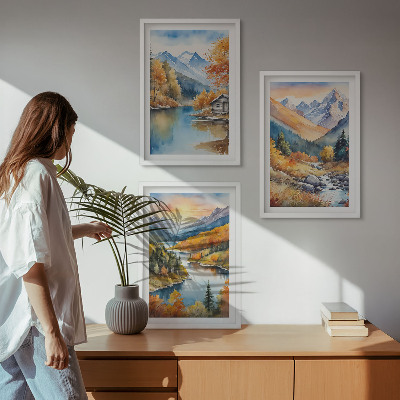 Set di 3 quadri paesaggio montano fiume autunnale