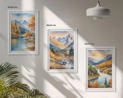 Set di 3 quadri paesaggio montano con fiume autunnale
