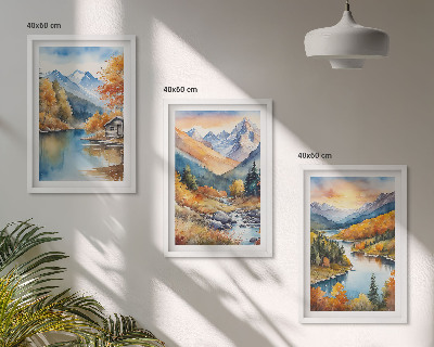 Set di 3 quadri paesaggio montano fiume autunnale