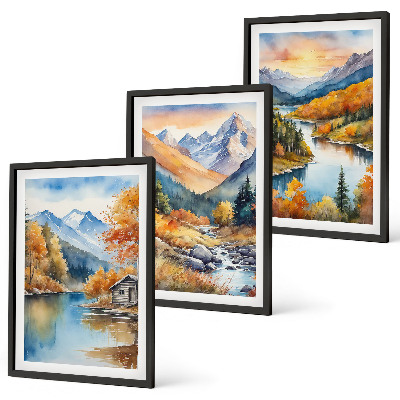 Set di 3 quadri paesaggio montano fiume autunnale