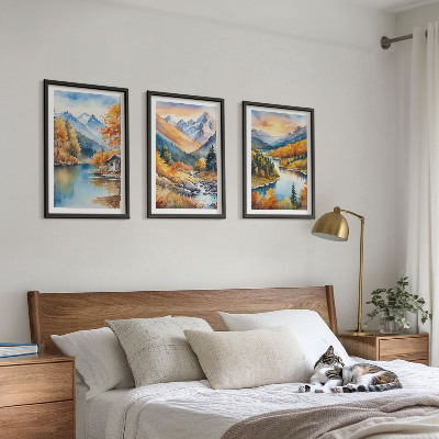 Set di 3 quadri paesaggio montano fiume autunnale