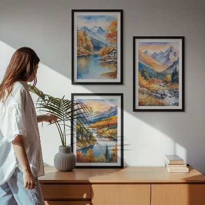 Set di 3 quadri paesaggio montano fiume autunnale