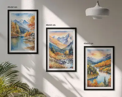 Set di 3 quadri paesaggio montano con fiume autunnale