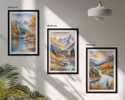 Set di 3 quadri paesaggio montano fiume autunnale