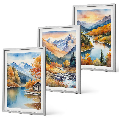 Set di 3 quadri paesaggio montano fiume autunnale