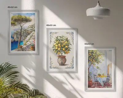 Set di quadri incorniciati con raffigurazione di un albero di limoni sul mare