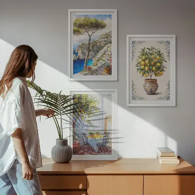 Set di quadri incorniciati con raffigurazione di un albero di limoni sul mare