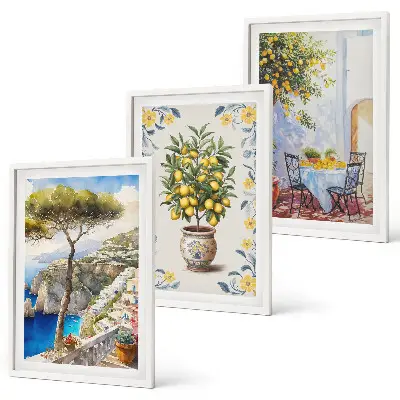 Composizione di quadri con dipinti di alberi di limone sul mare