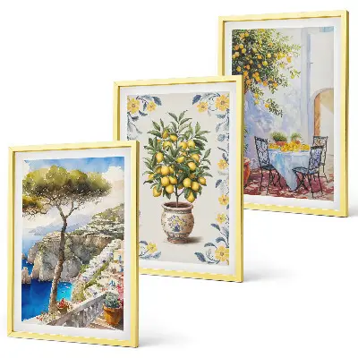 Composizione di quadri con dipinti di alberi di limone sul mare