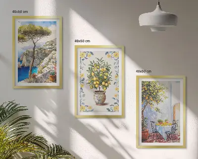 Composizione di quadri con dipinti di alberi di limone sul mare