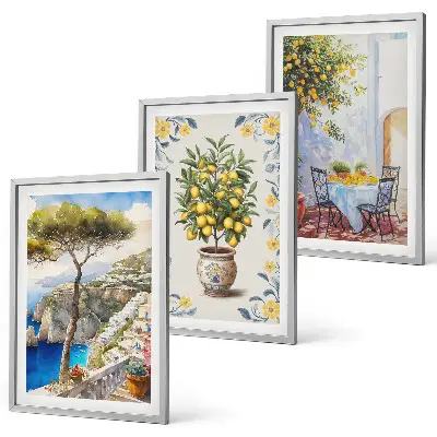 Composizione di quadri con dipinti di alberi di limone sul mare