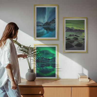 Set di quadri incorniciati Paesaggio invernale dell'aurora boreale
