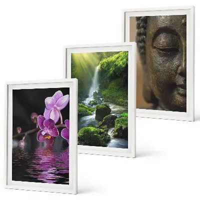 Set di 3 quadri con stampa di cascata di fiori, Buddha e roccia Zen