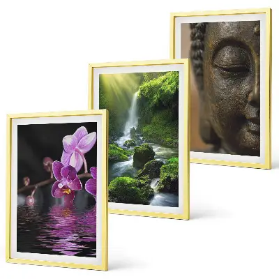 Set di 3 quadri con stampa di cascata di fiori, Buddha e roccia Zen