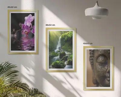 Set di 3 quadri con stampa di cascata di fiori, Buddha e roccia Zen