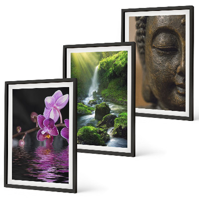 Set di 3 quadri Cascata di fiori, Buddha, roccia Zen