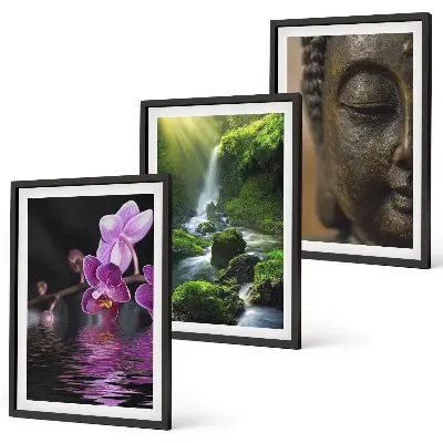 Set di 3 quadri con stampa di cascata di fiori, Buddha e roccia Zen