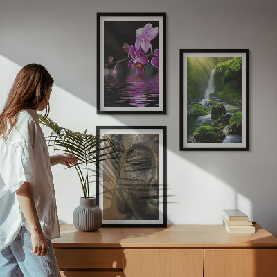 Set di 3 quadri Cascata di fiori, Buddha, roccia Zen