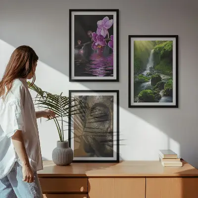 Set di 3 quadri con stampa di cascata di fiori, Buddha e roccia Zen