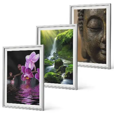 Set di 3 quadri con stampa di cascata di fiori, Buddha e roccia Zen