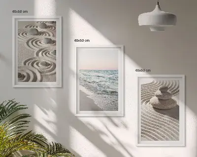 Composizione di quadri con onde, sabbia, acqua, pietre e spiaggia