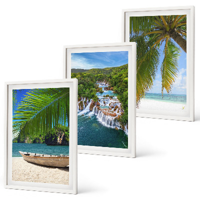 Set di 3 quadri Spiaggia, barca, cascate, palme