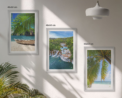 Set di 3 quadri Spiaggia, barca, cascate, palme