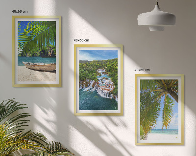 Set di 3 quadri Spiaggia, barca, cascate, palme