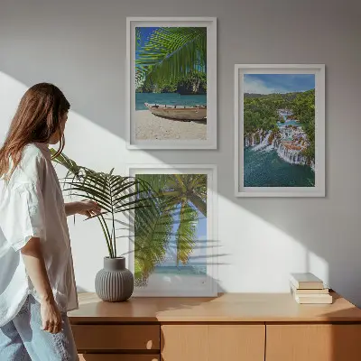 Set di 3 quadri con stampa di spiaggia, barca, cascate e palme