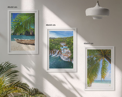 Set di 3 quadri Spiaggia, barca, cascate, palme