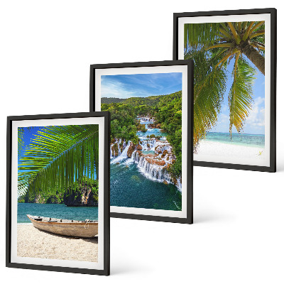 Set di 3 quadri Spiaggia, barca, cascate, palme