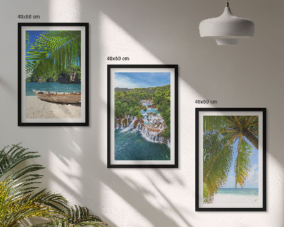 Set di 3 quadri Spiaggia, barca, cascate, palme