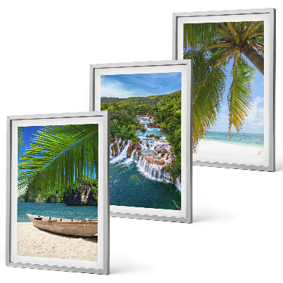 Set di 3 quadri Spiaggia, barca, cascate, palme