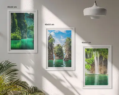 Set di 3 quadri con paesaggi naturali di cascate verdi