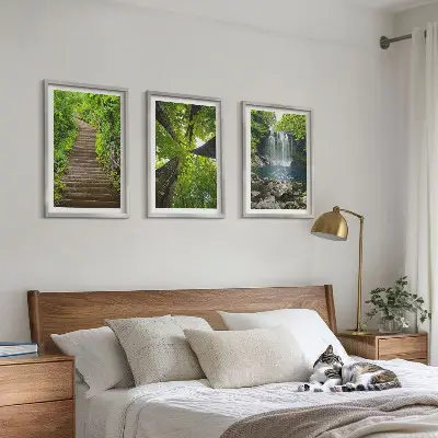 Composizione di quadri con sentiero forestale, cascata e vegetazione