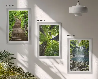Composizione di quadri con sentiero forestale, cascata e vegetazione