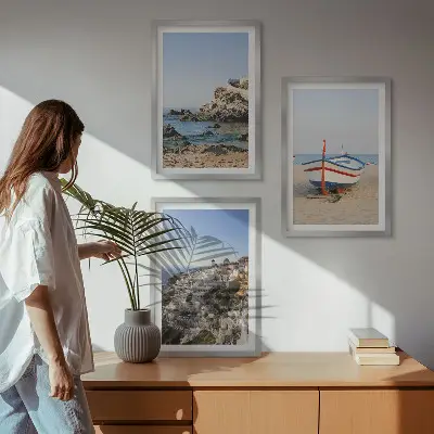 Composizione di quadri panorami della Grecia con barca e case