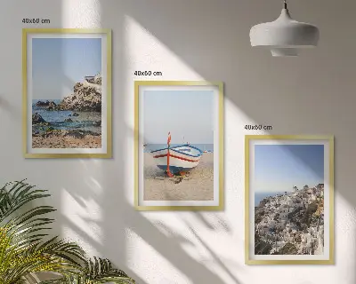 Composizione di quadri panorami della Grecia con barca e case