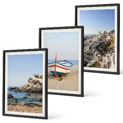 Composizione di quadri panorami della Grecia con barca e case
