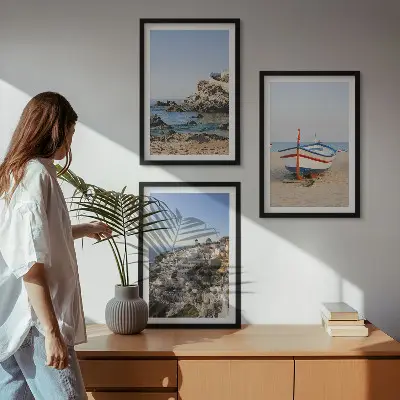 Composizione di quadri panorami della Grecia con barca e case