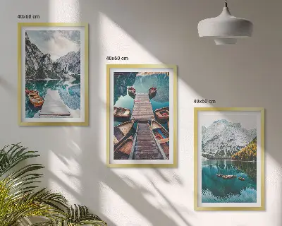 Set di 3 quadri con lago, ponti e montagne