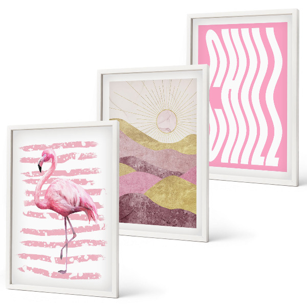 Set di 3 quadri paesaggio dai colori pastello con fenicotteri rosa