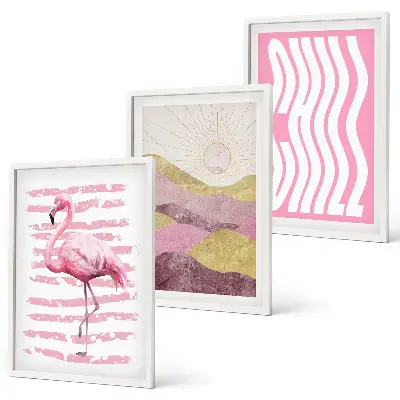 Set di 3 quadri con paesaggio dai colori pastello e fenicotteri rosa