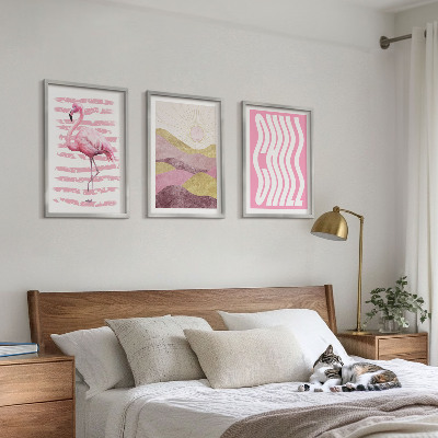 Set di 3 quadri paesaggio dai colori pastello con fenicotteri rosa