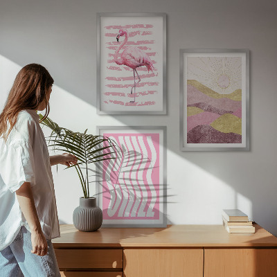 Set di 3 quadri paesaggio dai colori pastello con fenicotteri rosa