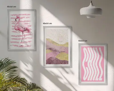 Set di 3 quadri con paesaggio dai colori pastello e fenicotteri rosa