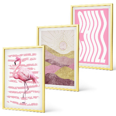 Set di 3 quadri paesaggio dai colori pastello con fenicotteri rosa