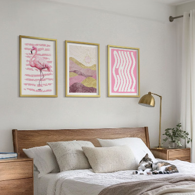 Set di 3 quadri paesaggio dai colori pastello con fenicotteri rosa