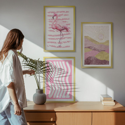 Set di 3 quadri paesaggio dai colori pastello con fenicotteri rosa