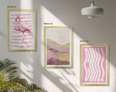 Set di 3 quadri con paesaggio dai colori pastello e fenicotteri rosa